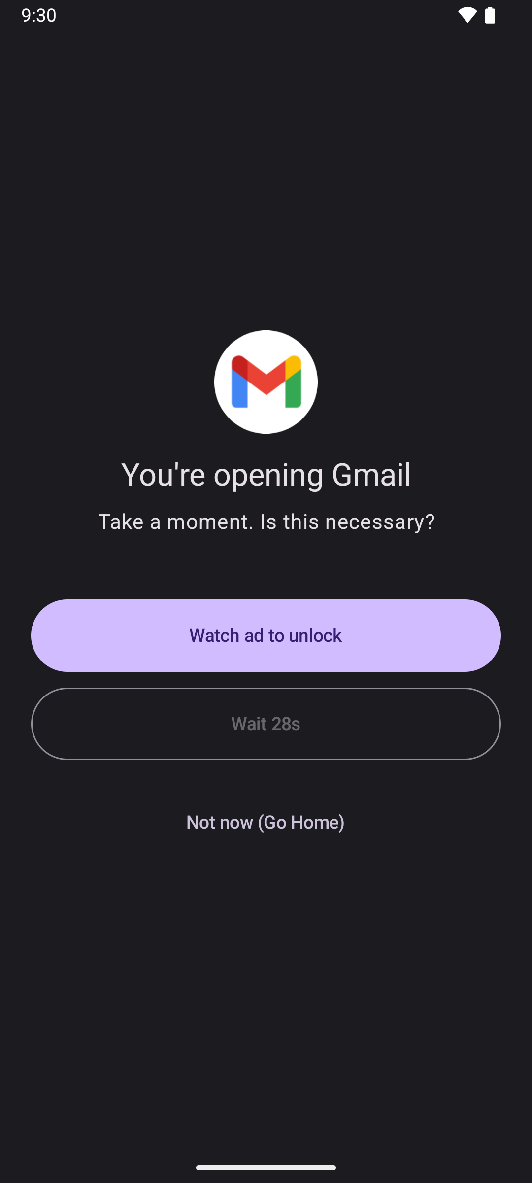 Pause screen with countdown timer and 'Watch ad' option