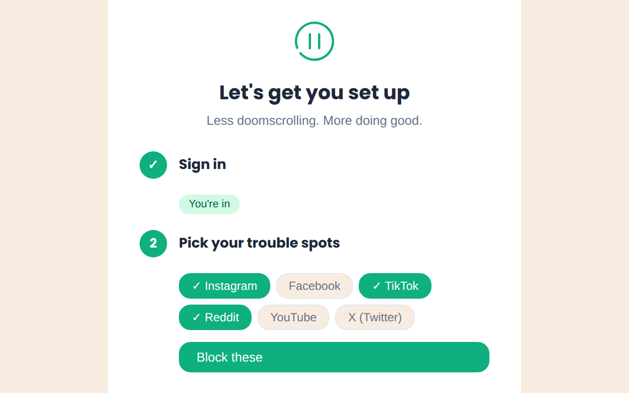 Onboarding flow with cause and site selection